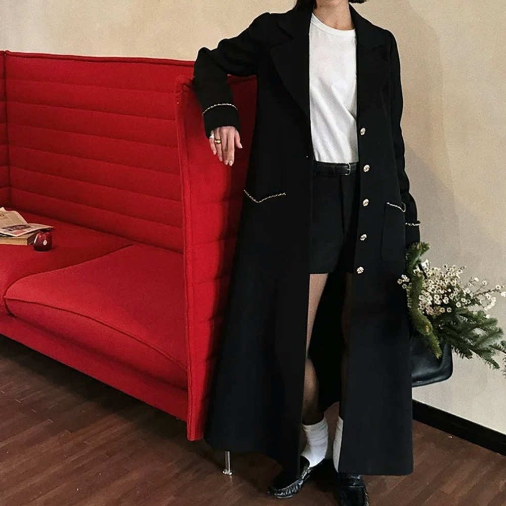 Long Black Buttoned Coat with Chain Trim